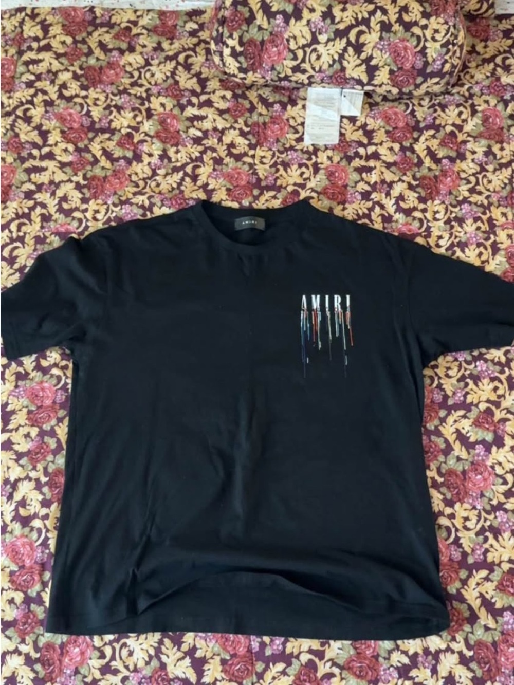 AMIRI Black T‑Shirt with Multicolor Drip Logo